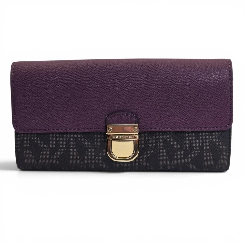 Michael Kors Bridgette Flap Wallet Brown MK‎ Logo Burgandy Eggplant Leather Lock
